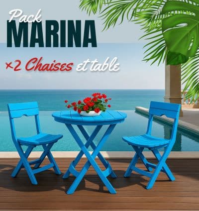 Pack Marina – Table + 2 Chaises (Bleu)