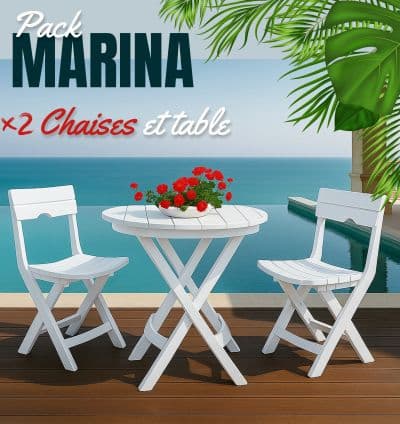 Pack Marina – Table + 2 Chaises (Blanc)