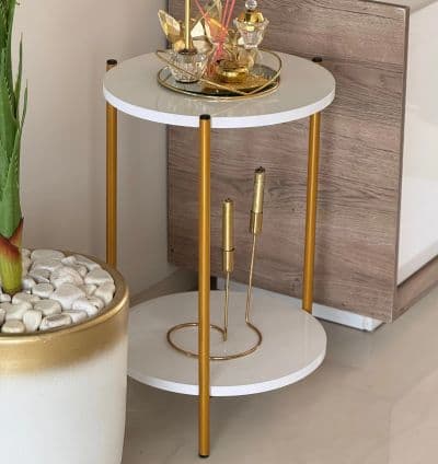 Table d’Appoint LINA – 2 Niveaux Blanc & Dore