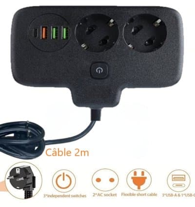 Rallonge Multiprise avec 3USB, 2 Prises,1 type C