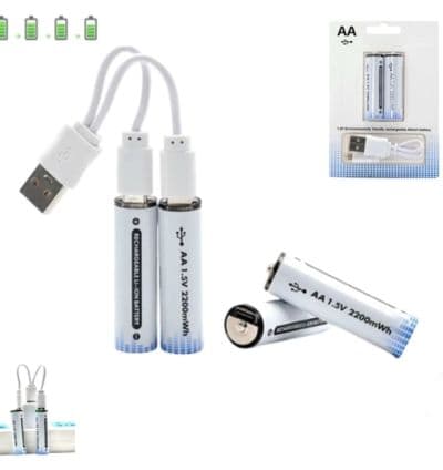 Lot de 2 Piles AA Rechargeable 1,5 V, 2200 mWh