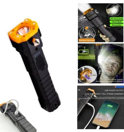 Lampe torche SOS avec Brise vitre – Coupe sangle – Power Bank – mode SOS