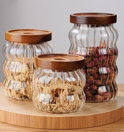 Lot de 3 boites épices en verre wavy avec couvercles en bois