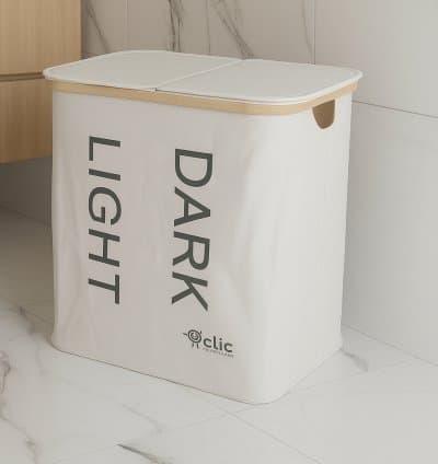 Panier a linge pliable en tissue a double compartiment beige
