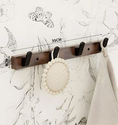 Porte-Manteaux Mural Bois & Aluminium Noir – 4 Crochets