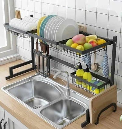 Égouttoir À Vaisselle Organiseur Sur Évier Multi-Usages Étagère Pour Cuisine Noir