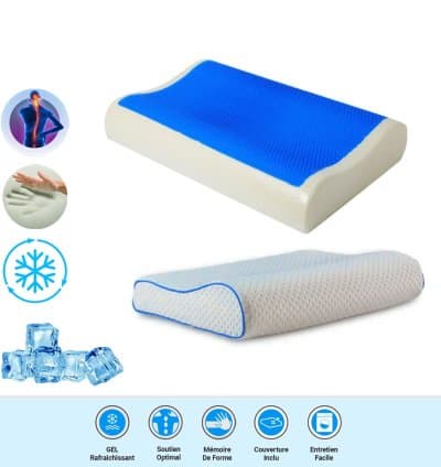 Oreiller Ergonomique Courbée Viscogel en Mousse à Mémoire de Forme et Gel Ultra Rafraîchissant