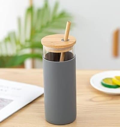 Gobelet isotherme BeFunky 500 ml avec paille, manchon amovible en silicone et couvercle en bambou - Gobelet de voyage sans BPA (Gris)