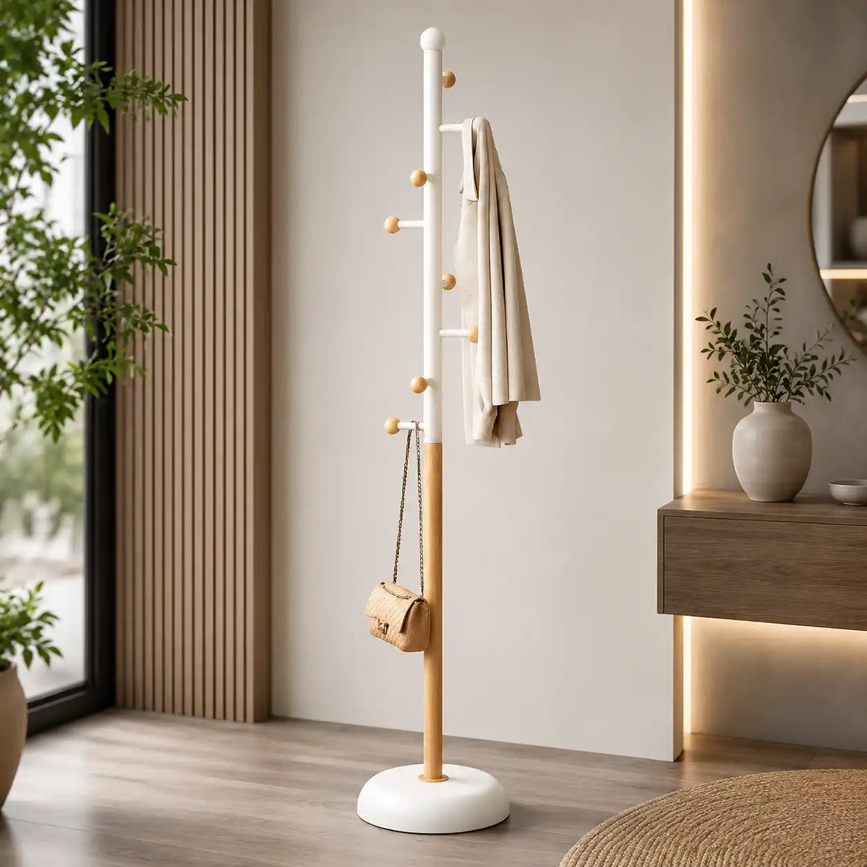 Porte-Manteau Scandinave en Métal Effet Bois avec Boutons en Bois – 180 × 30 cm