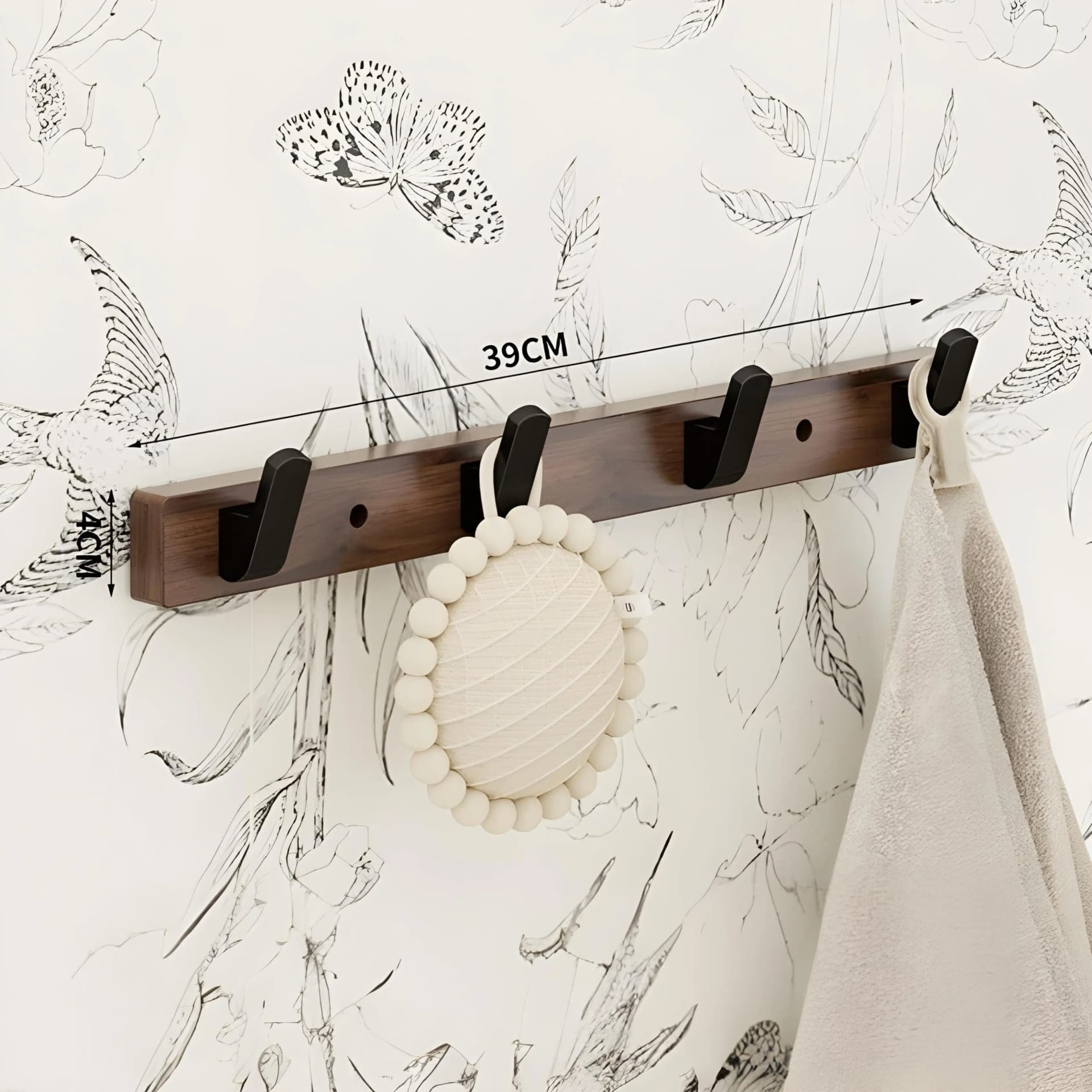 Porte-Manteaux Mural Bois & Aluminium Noir – 4 Crochets