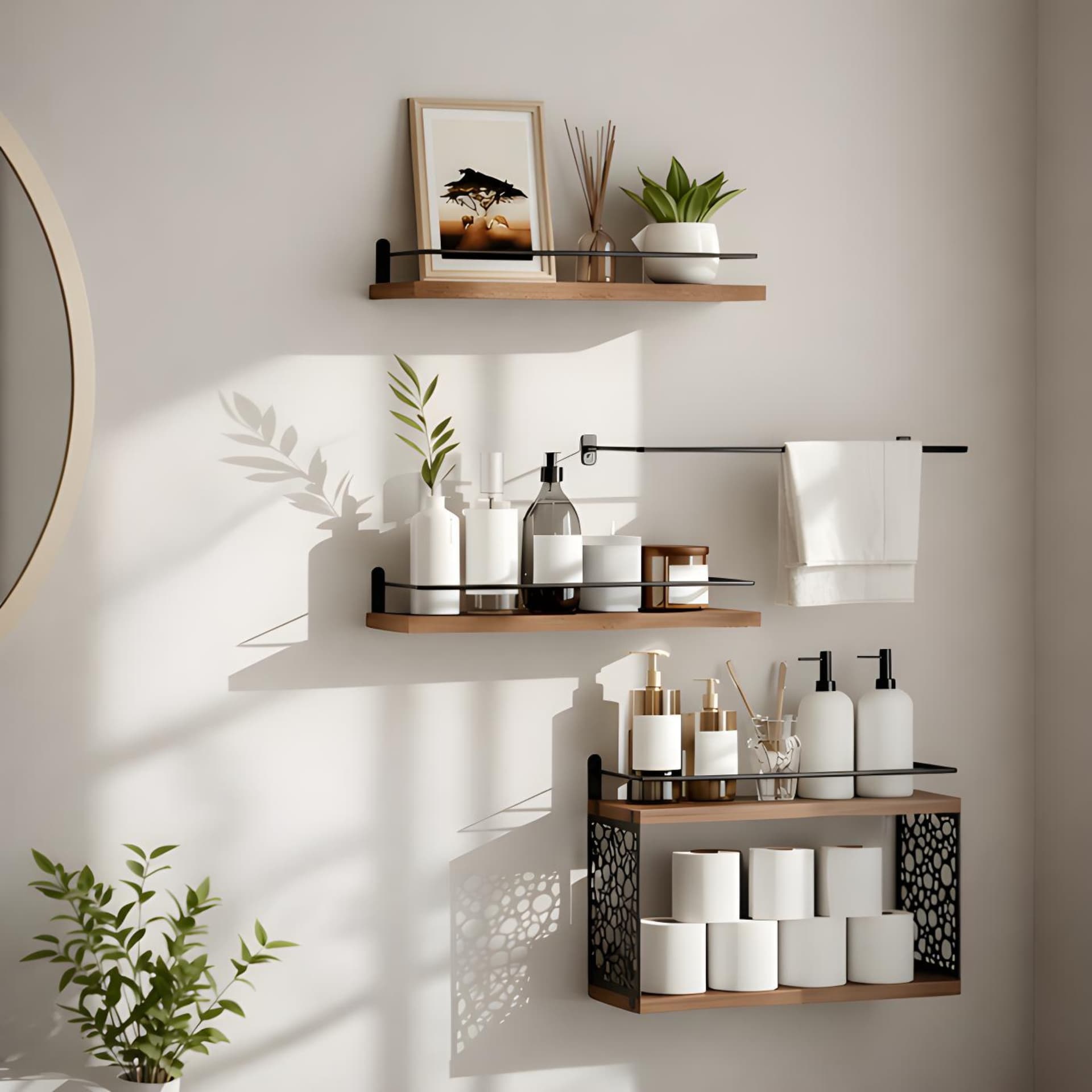 Ensemble Etagere Murales Design Cercle Bois & Métal avec Porte-Serviette