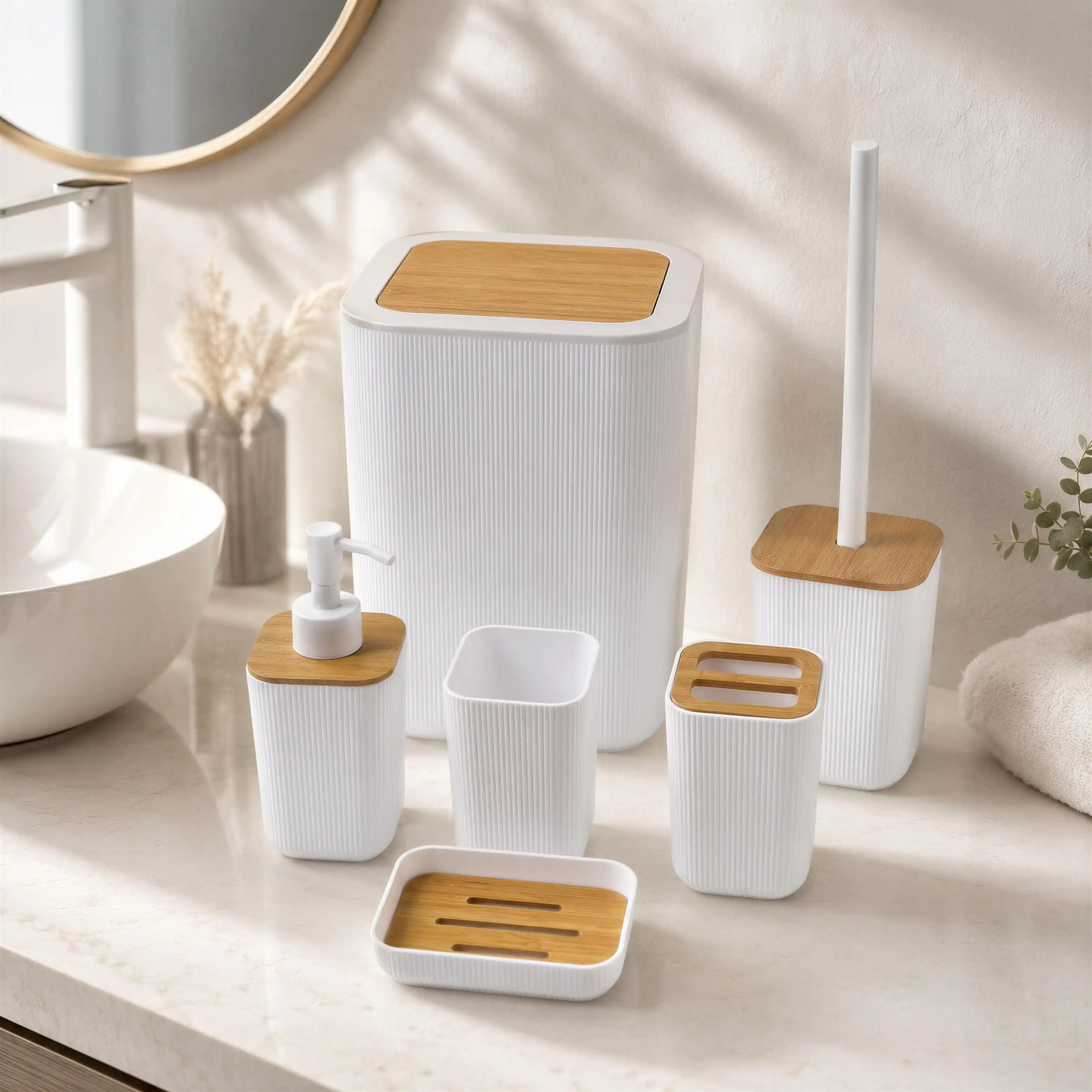 Ensemble Accessoires Salle de Bain 6 Pièces – Blanc & Effet Bois