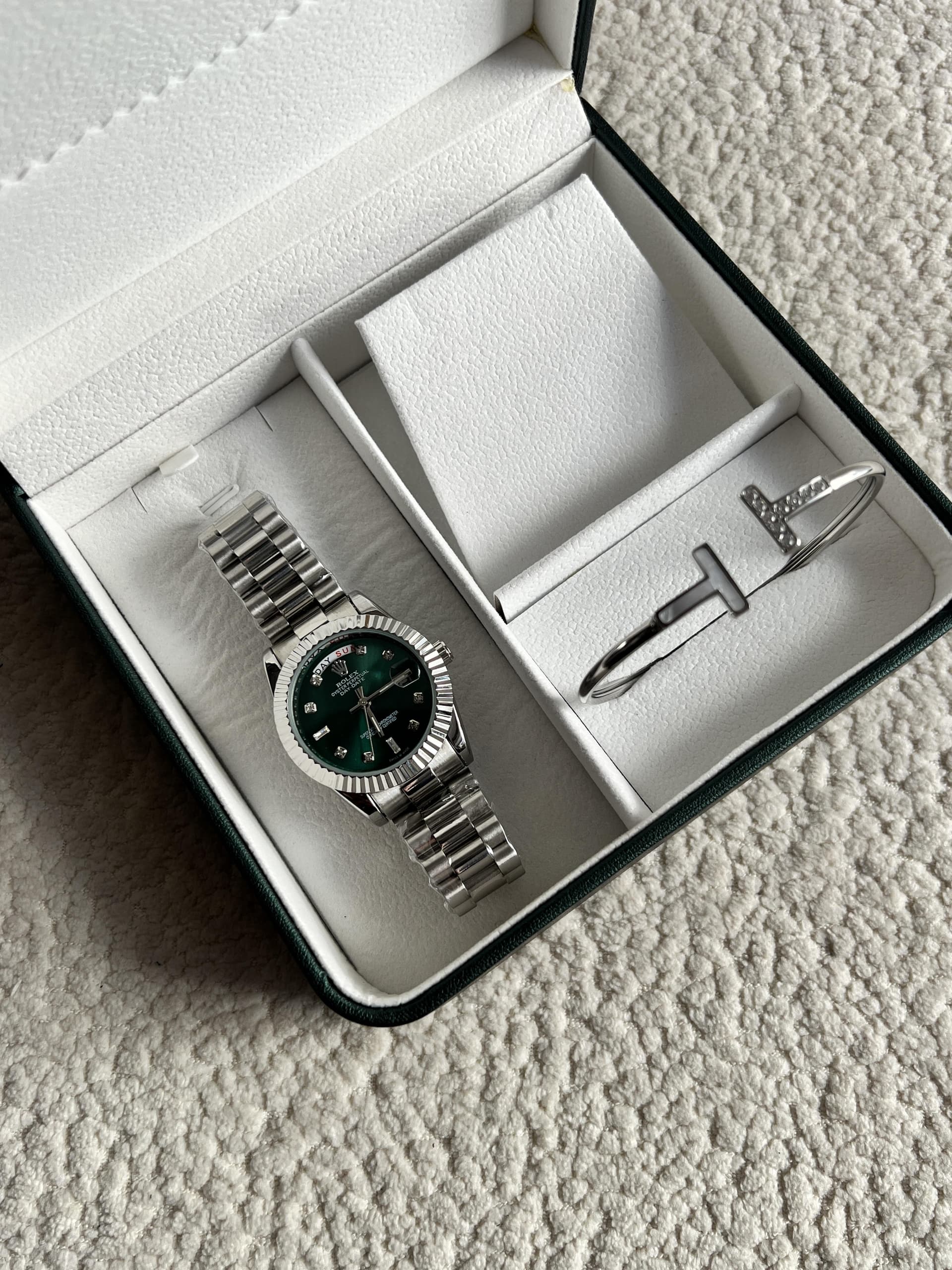 Pack Femme Argenté – Montre Cadran Vert & Gourmette 🤍