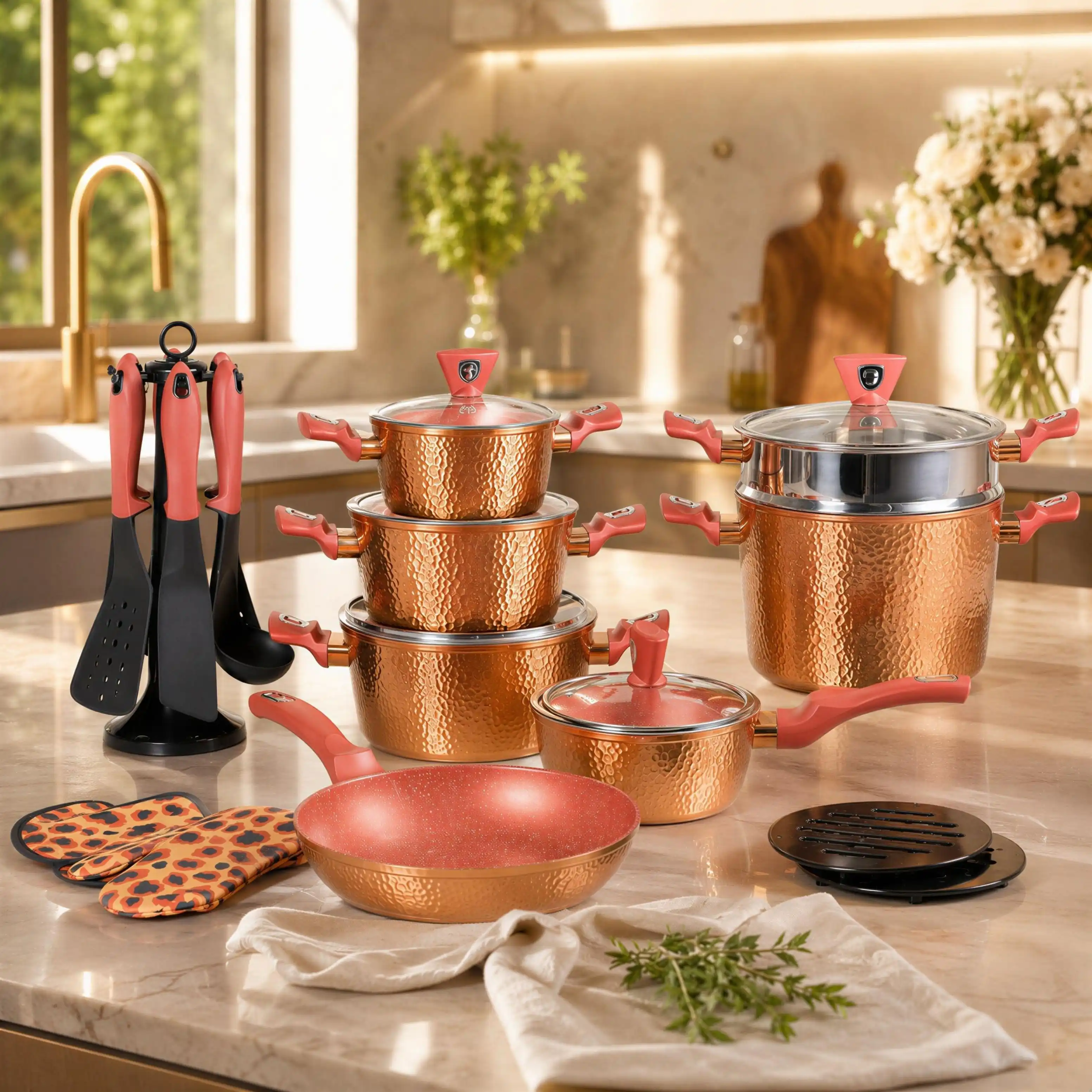Batterie de Cuisine Sizar 23 Pièces en Granite – Effet Cuivre