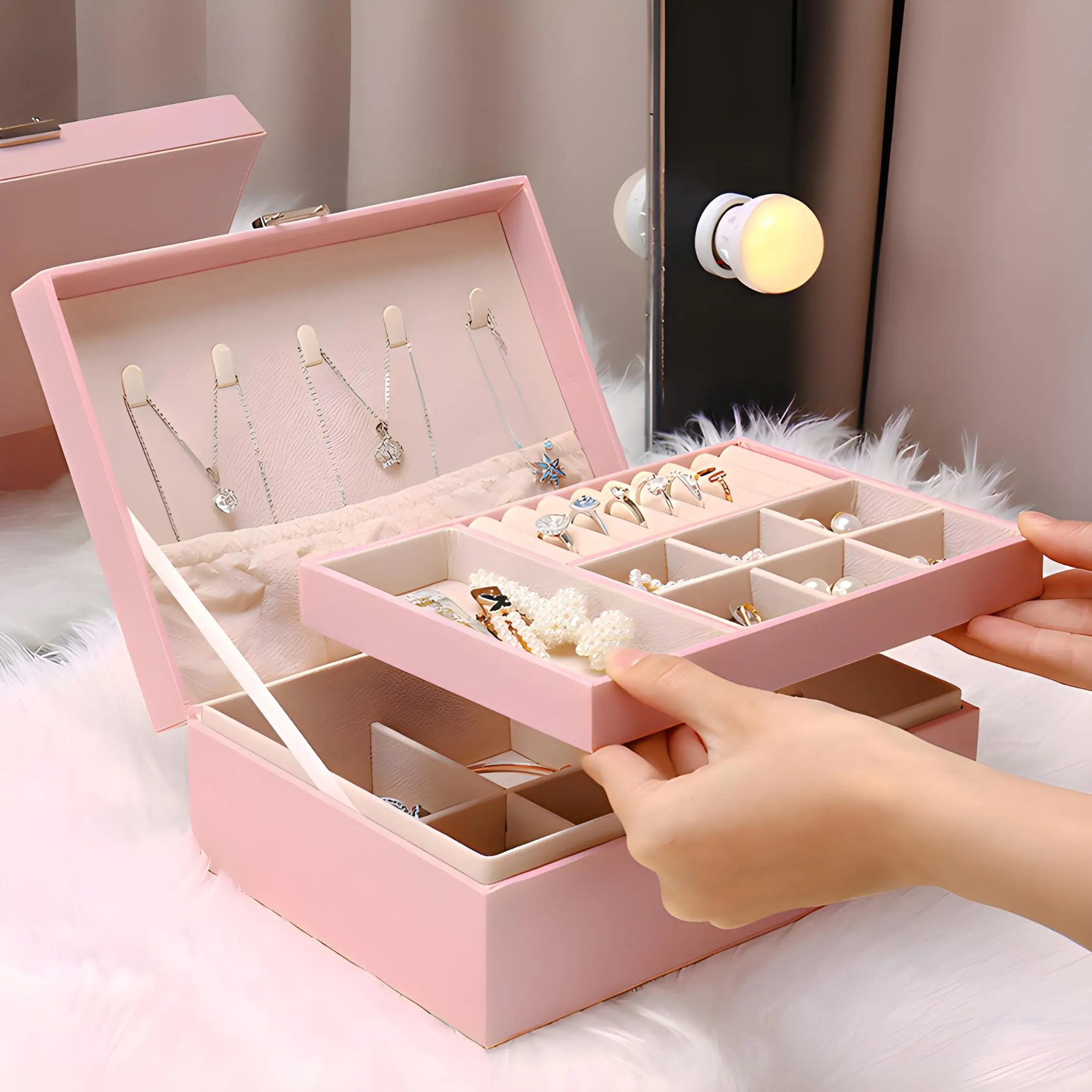 Boîte a Bijoux en Simili Cuir Rose – Rangement Luxe Velours