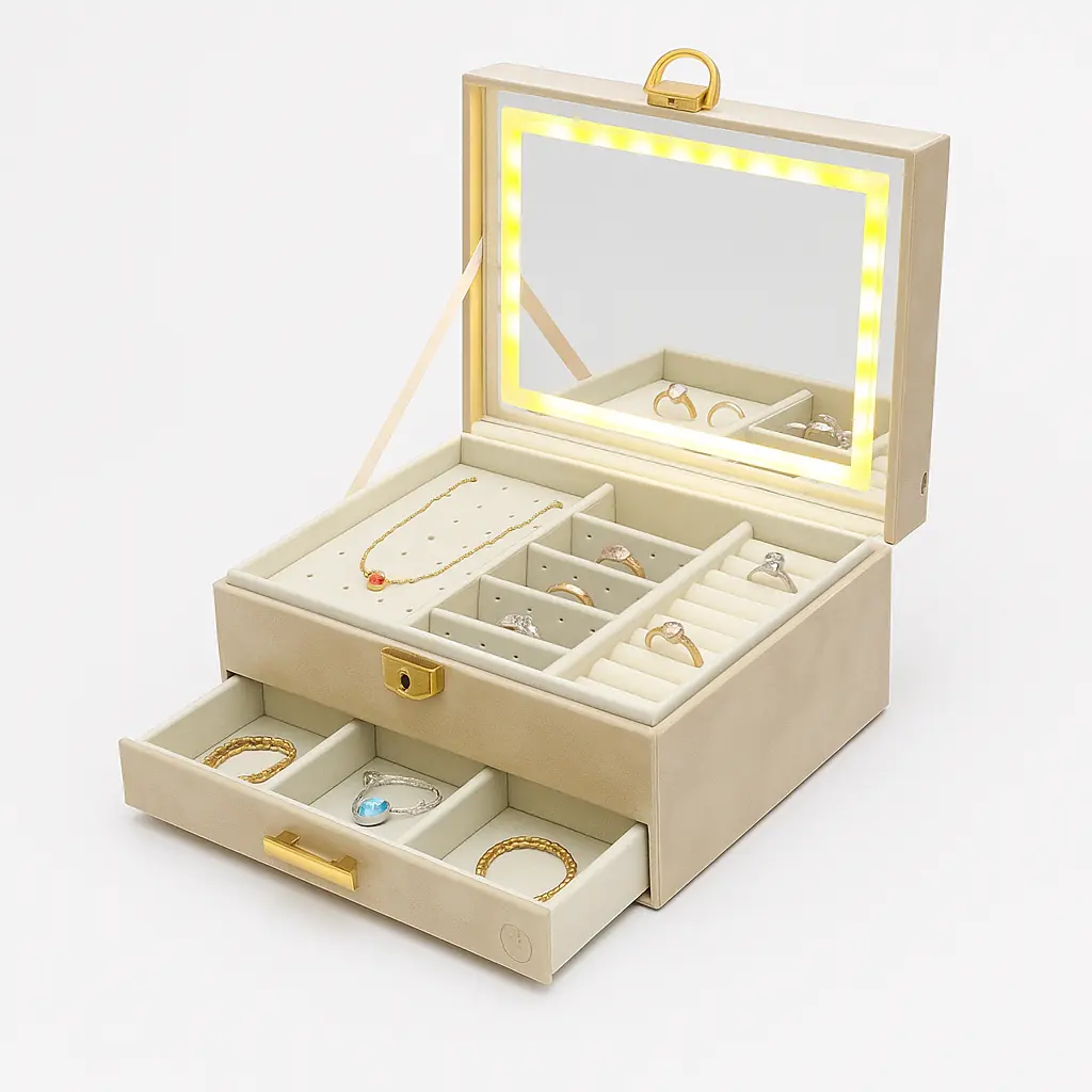 Boîte à Bijoux LED Beige – Luxe & Organisation