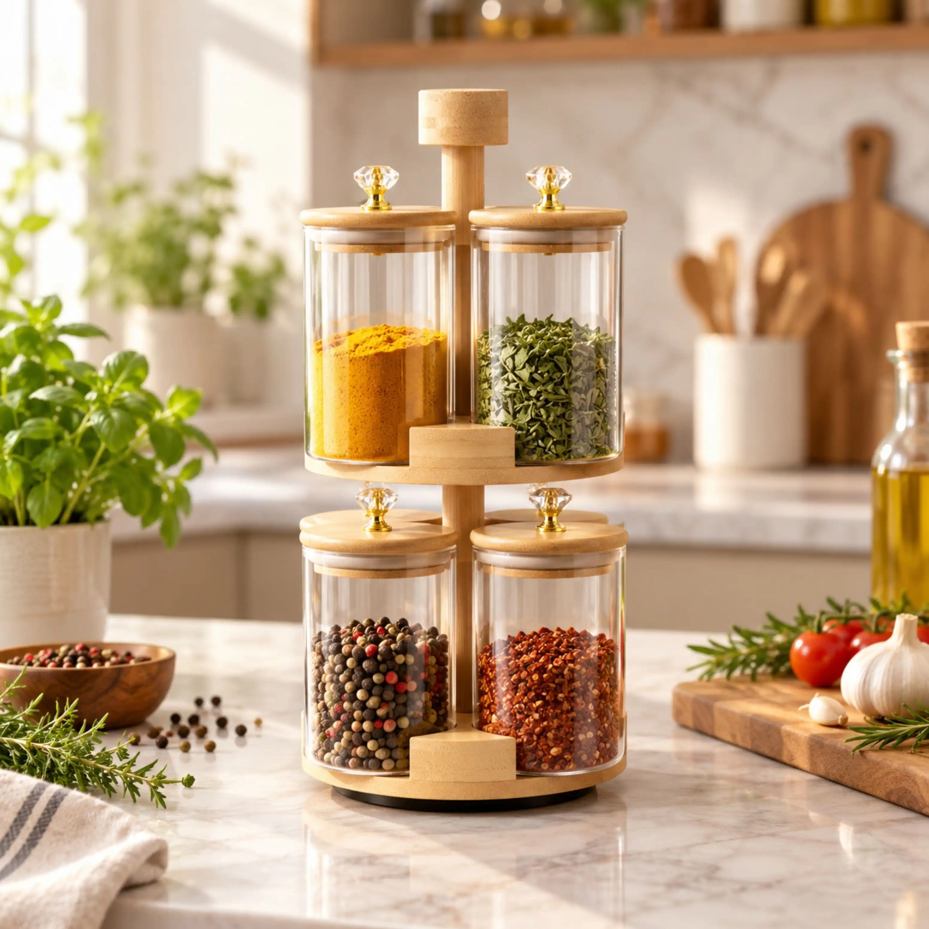 Porte Epices Rotatif Premium 8 Bocaux en Verre avec Couvercles en Bois