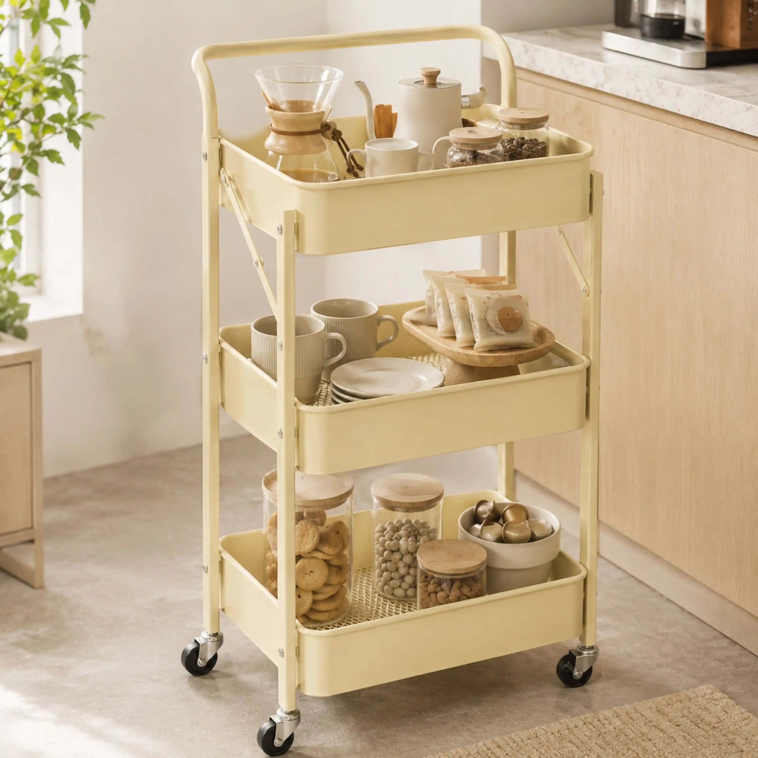 Chariot de Rangement Pliable ROLLYX 3 Niveaux – Métal Beige