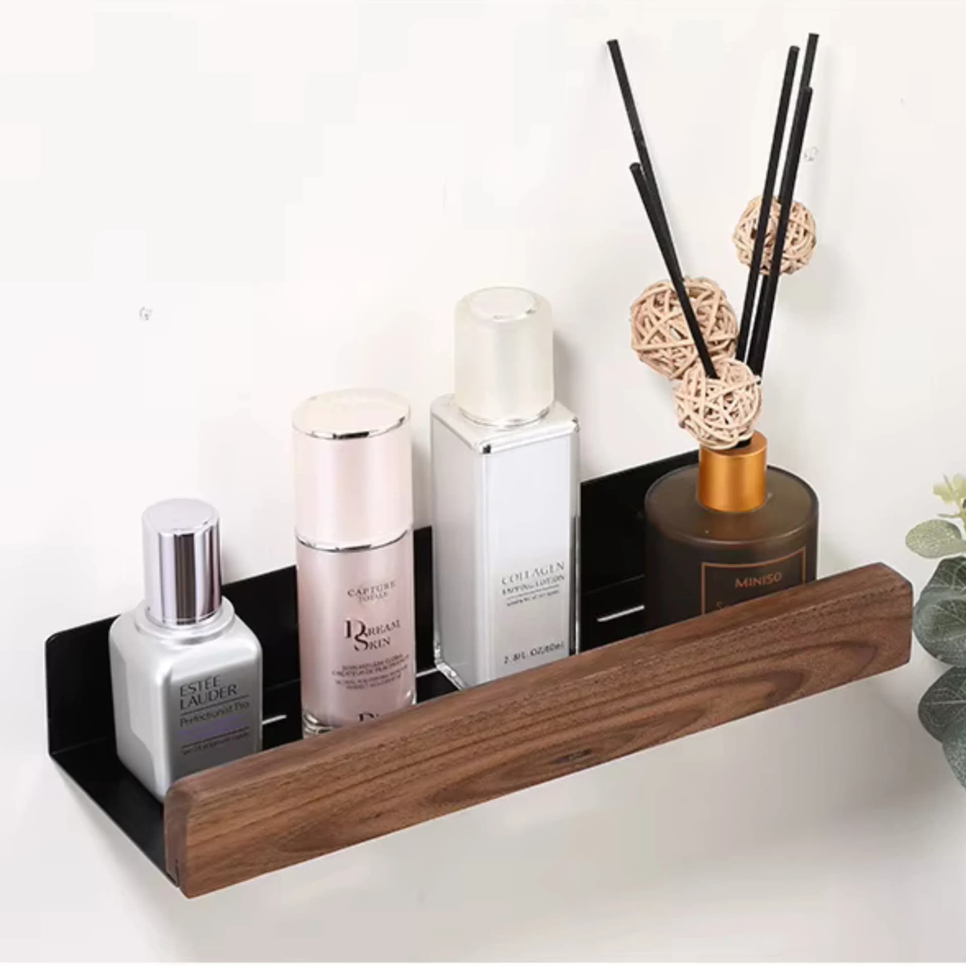 Etagere Murale 30 cm – Aluminium Noir & Bois Effet Noyer