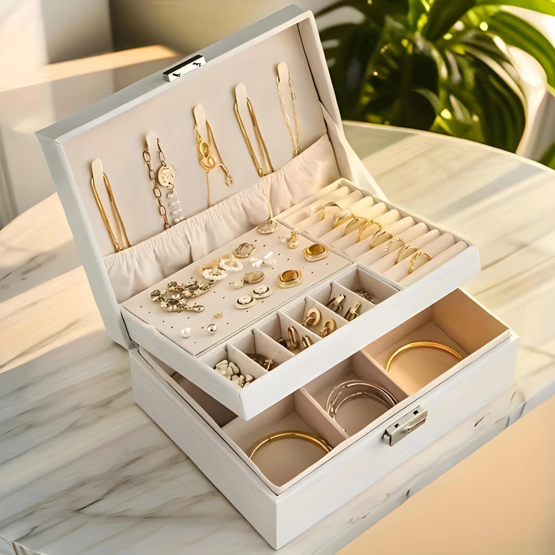 Boite a Bijoux en Simili Cuir Blanc – Rangement Luxe Velours