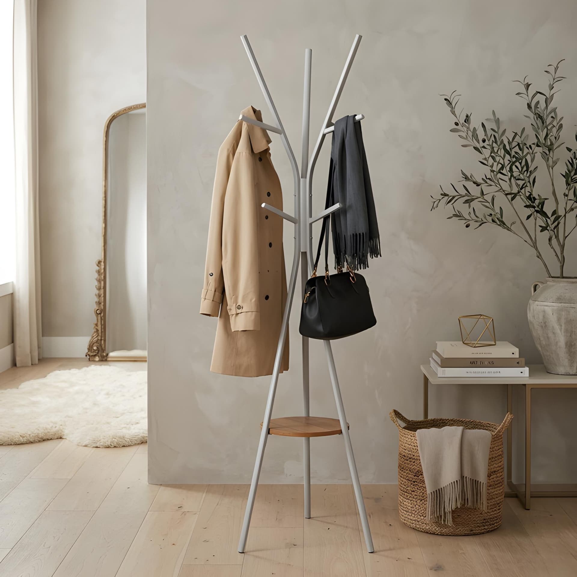 Porte manteaux Arbre Gris Metal avec etagere Bois