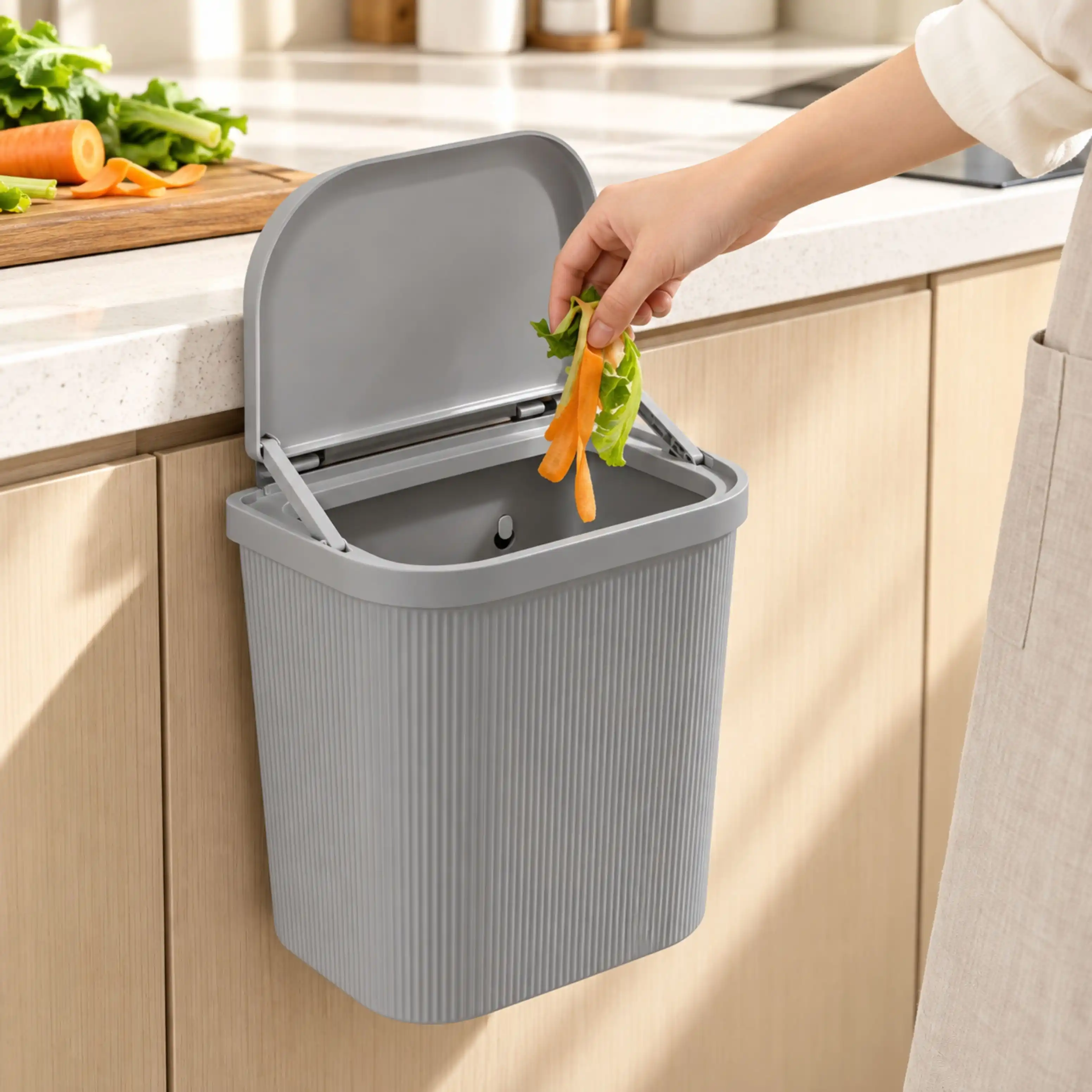 Poubelle Suspendue de Cuisine 24 cm Couvercle Rabattable Gris