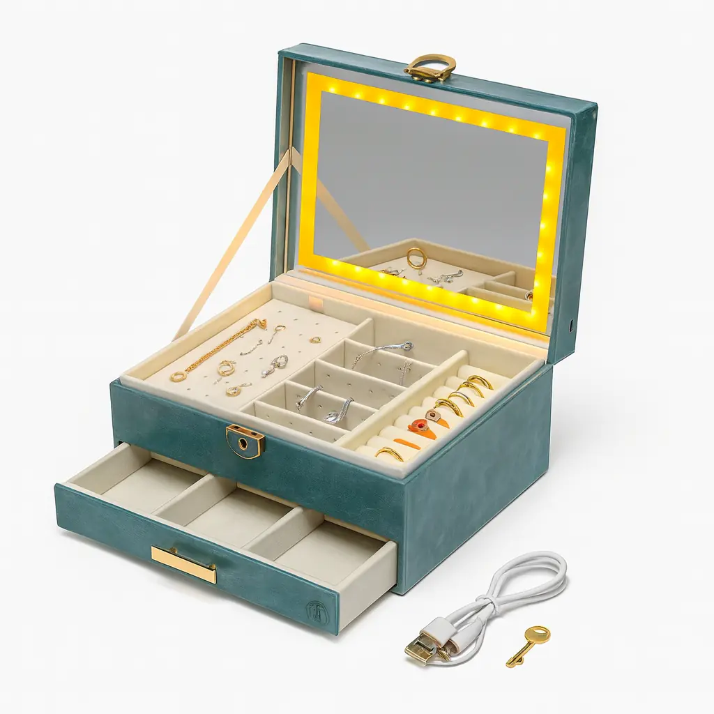 Boîte à Bijoux LED Vert Émeraude – Luxe & Organisation