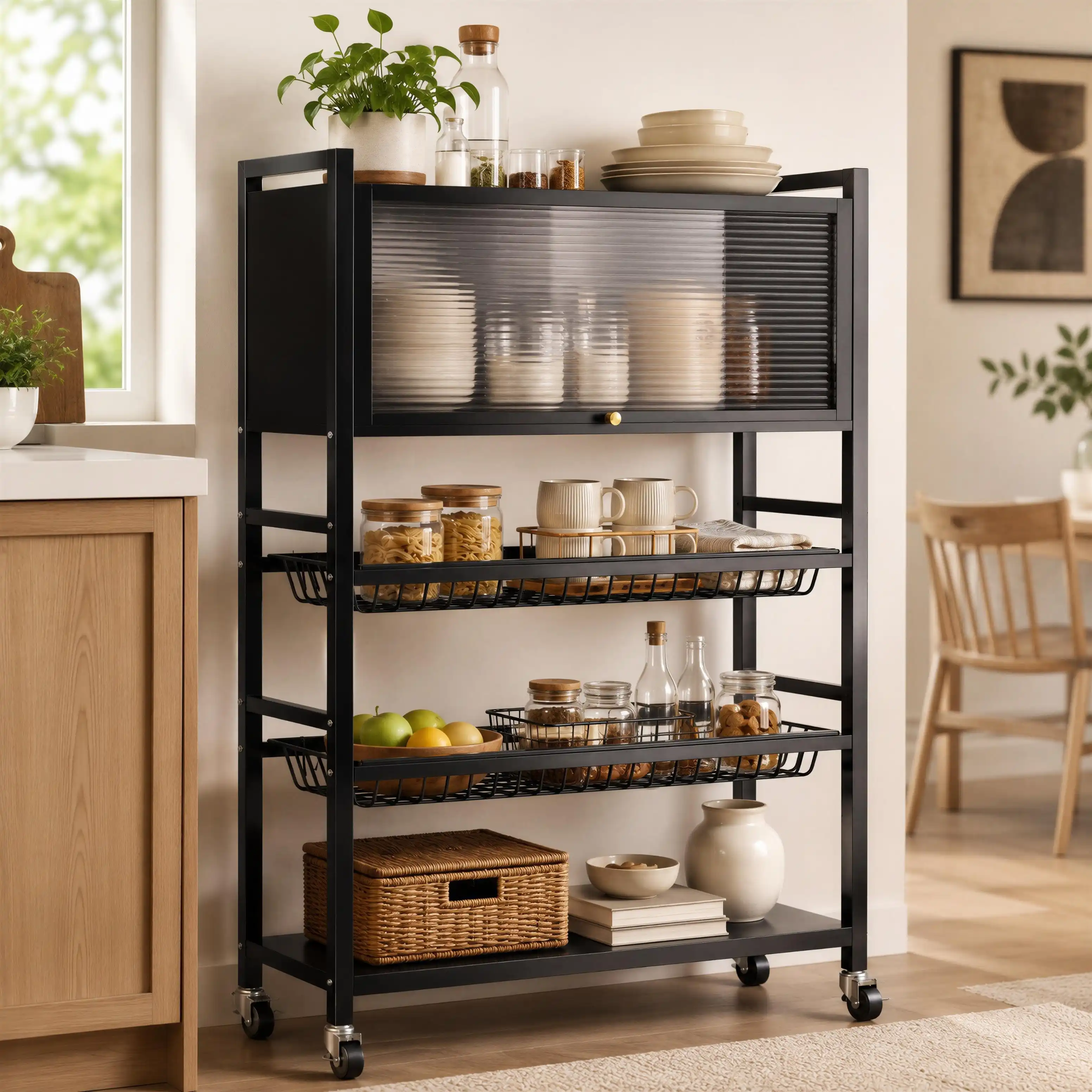 Chariot de Rangement Cuisine Noir à Roulettes – Avec Compartiment Fermé
