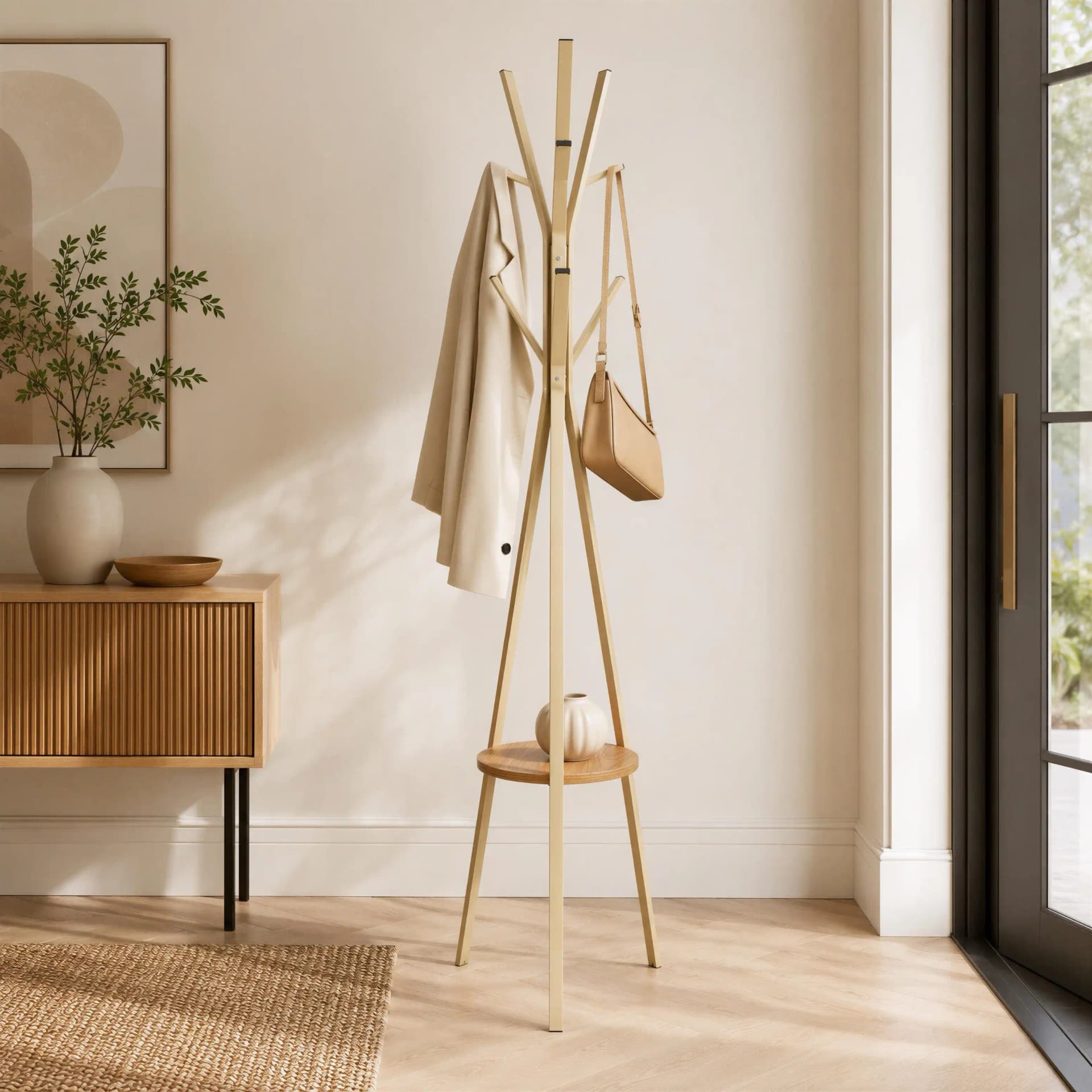 Porte manteaux Arbre Beige Metal avec etagere Bois