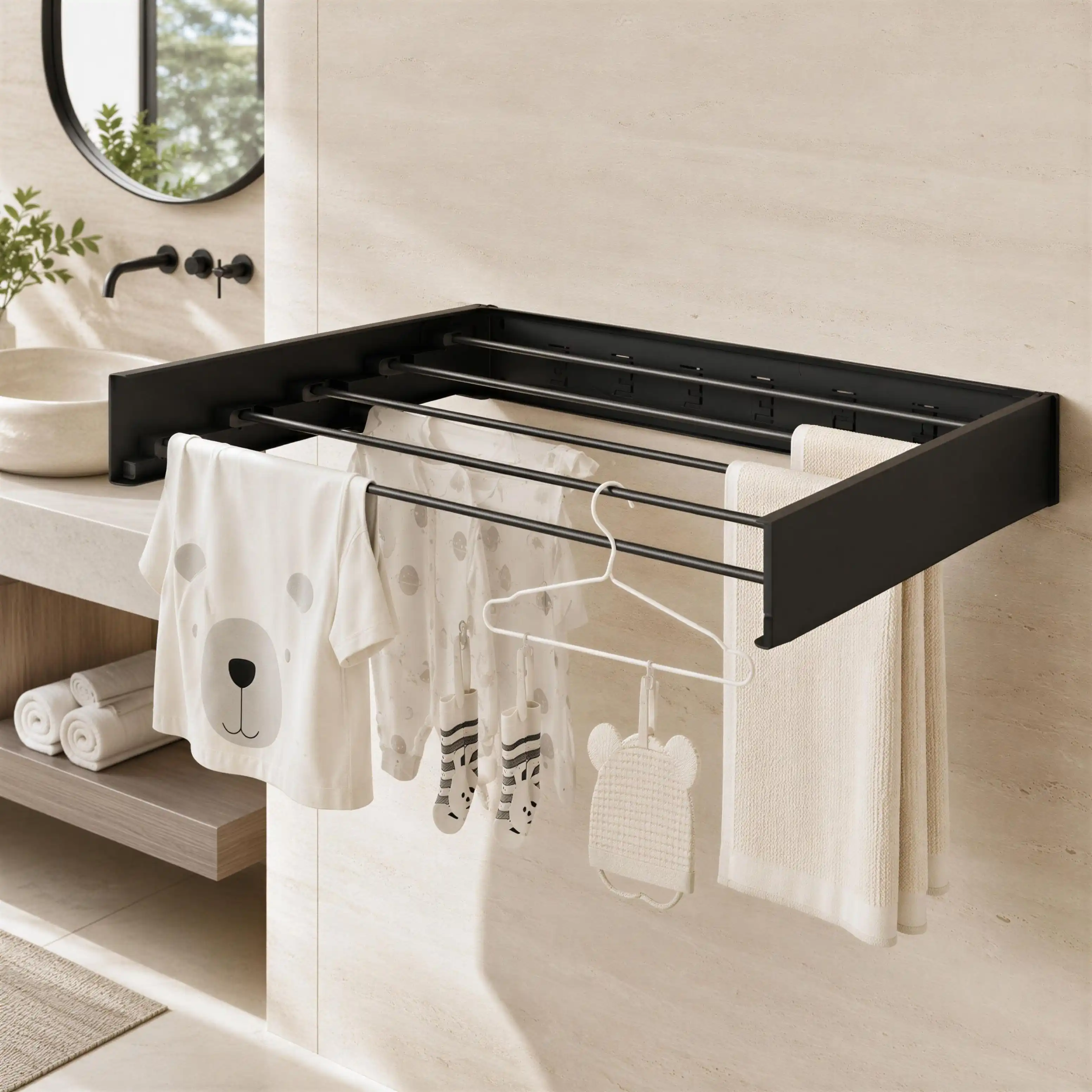 Seche Linge Mural Pliable 5 Tiges 80 cm – Noir