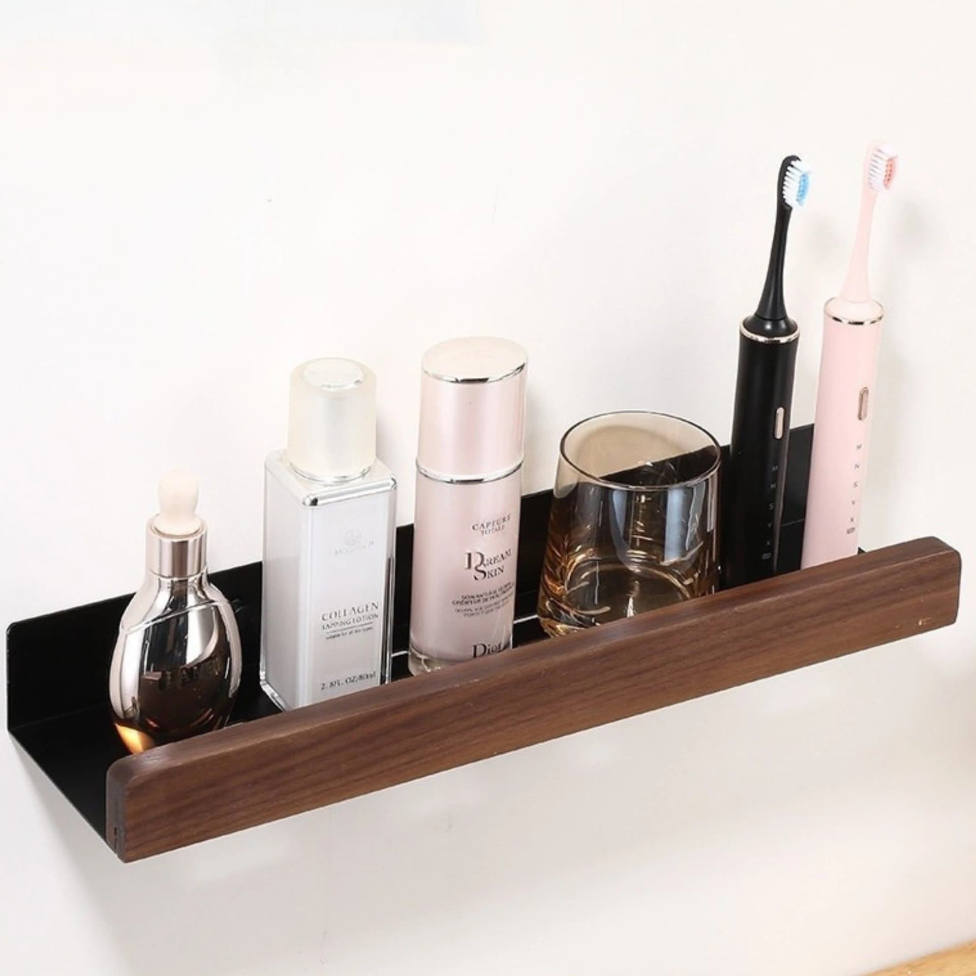 Etagere Murale 50 cm – Aluminium Noir & Bois Effet Noyer
