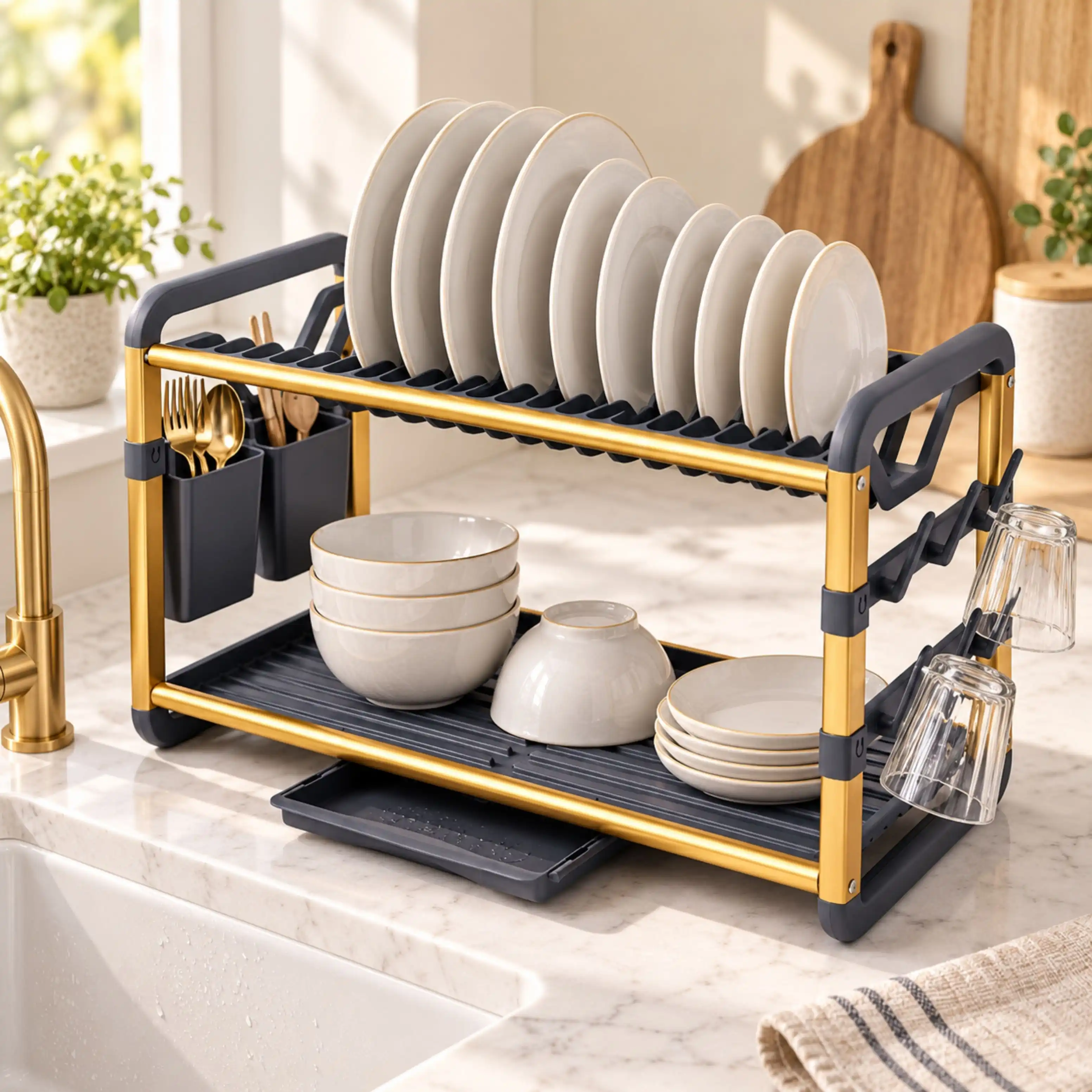 Egouttoir de Vaisselle Double Etage en Aluminium – Dore