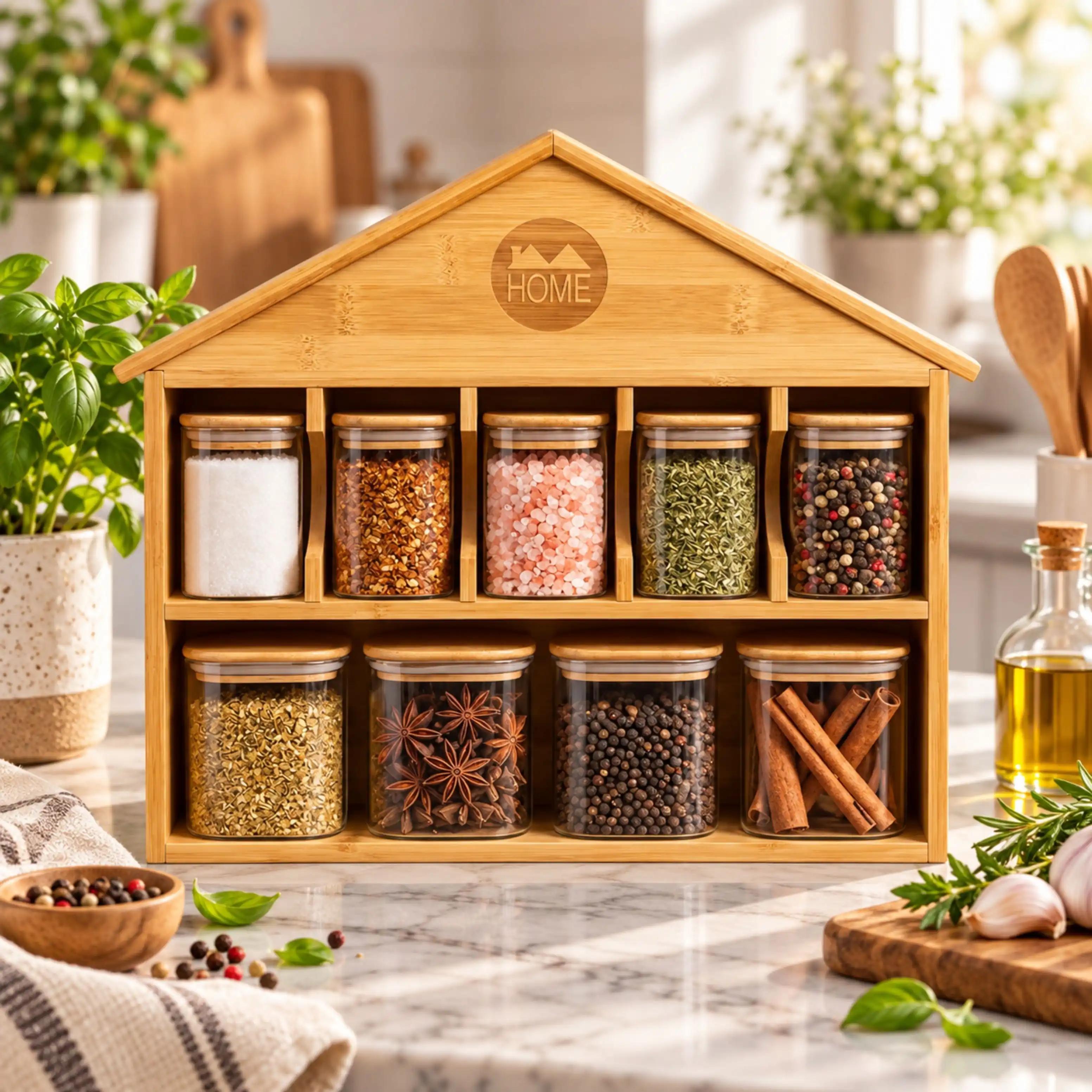 Porte Epices 9 Bocaux en Verre avec Support en Bois