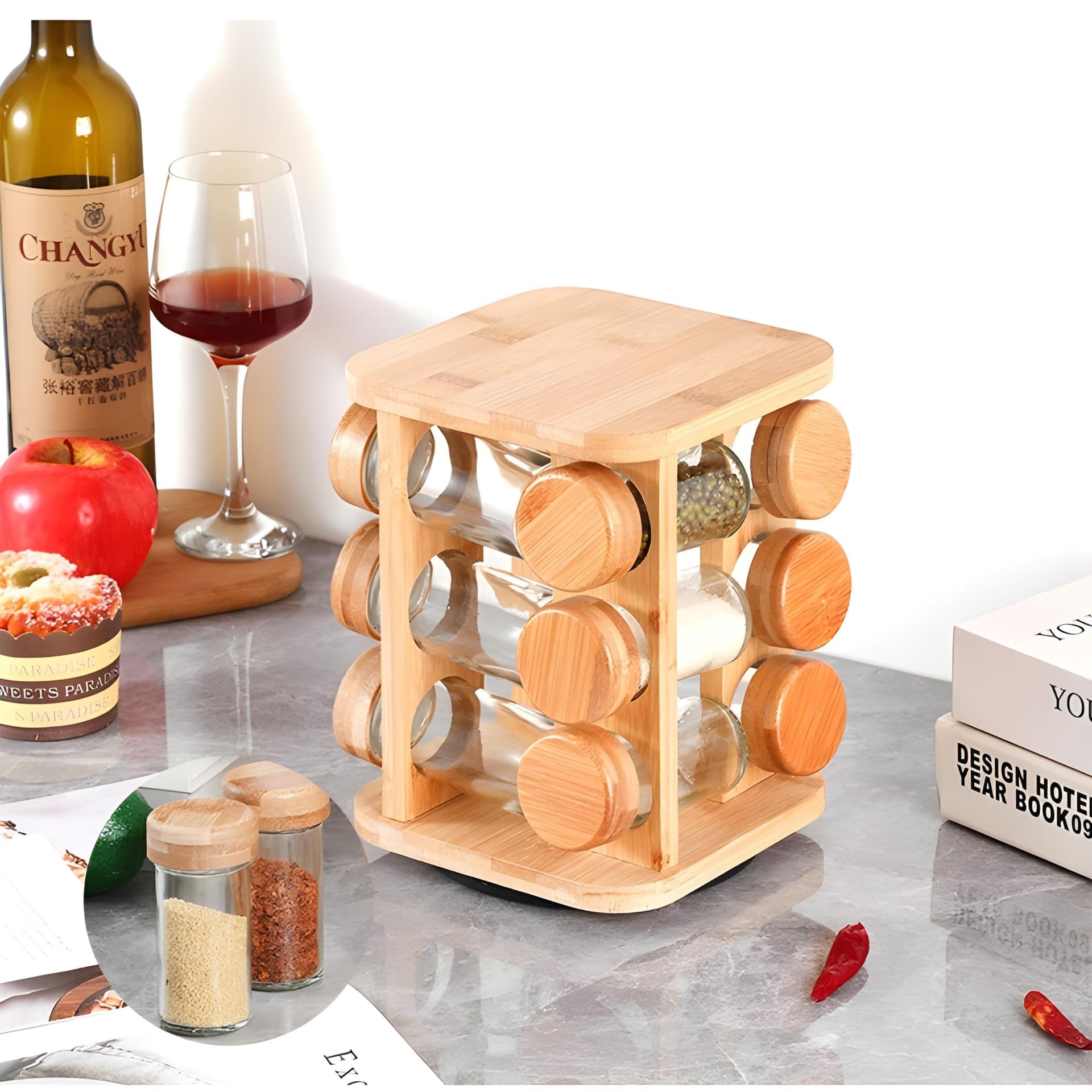 Porte Epices Pivotant Carre - 12 Pots en Verre
