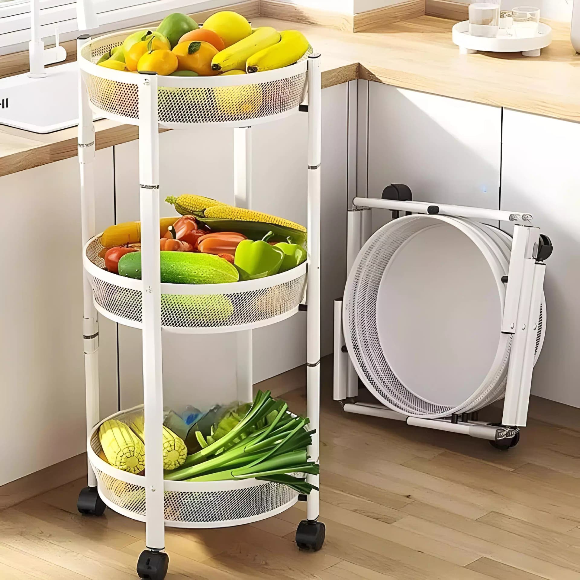 Chariot de Rangement Pliable 3 Niveaux en Métal – Blanc