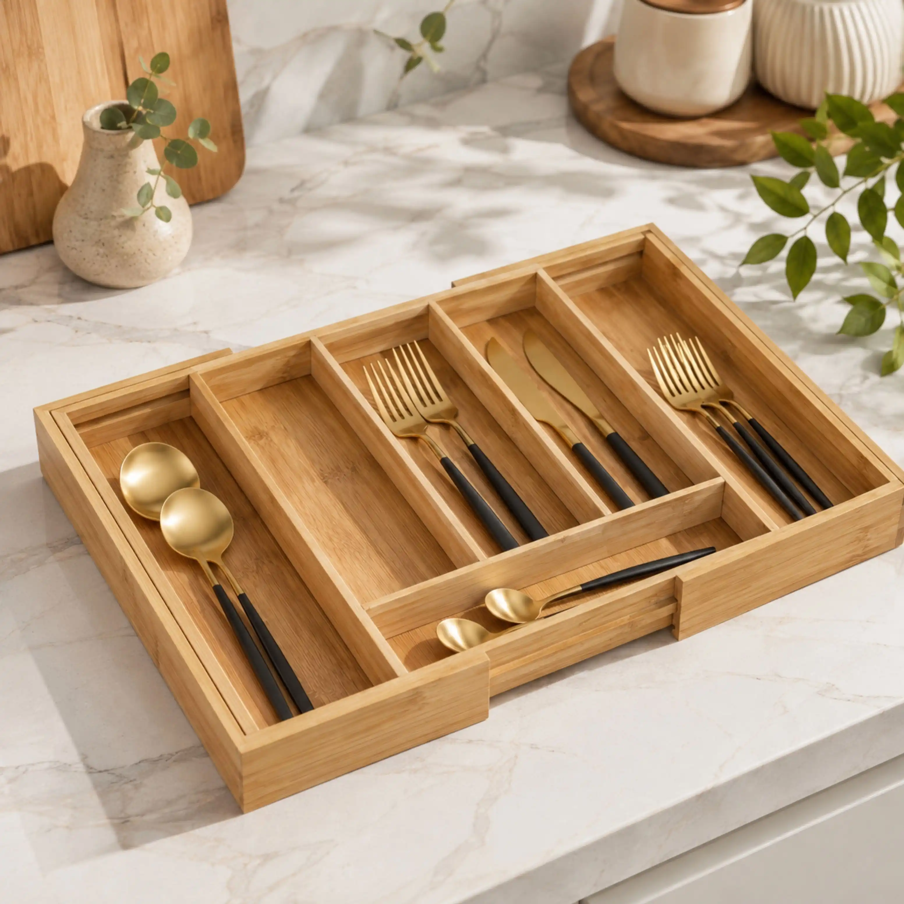Range-Couverts Extensible en Bambou – Organisateur de Tiroir Ajustable