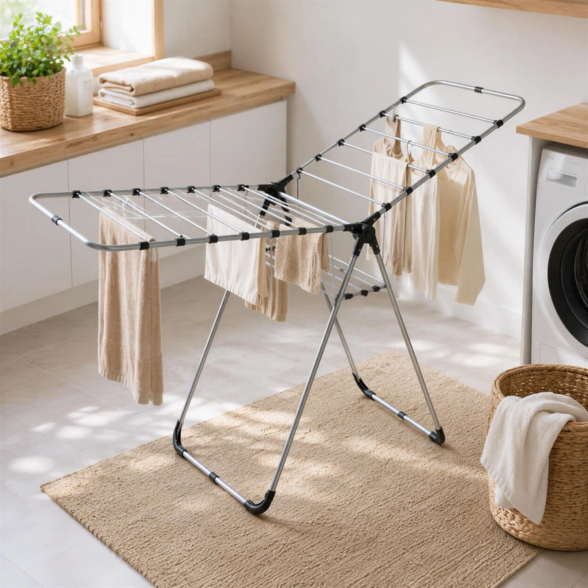 Etendoir à Linge Pliable Grande Capacité 178 cm – Acier Argent & Noir