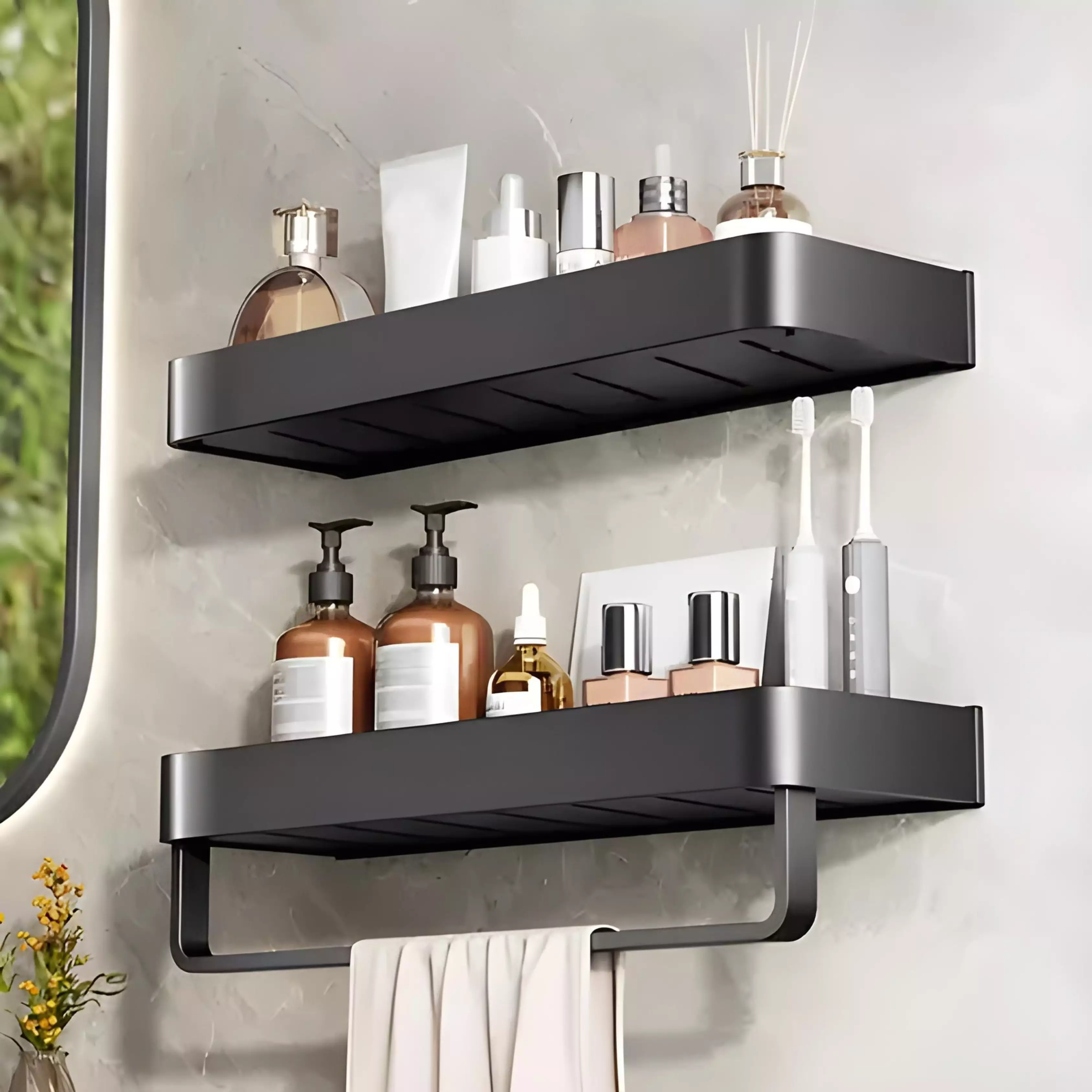 Kit Etagere Murale 2 Niveaux en Aluminium Avec Porte Serviette