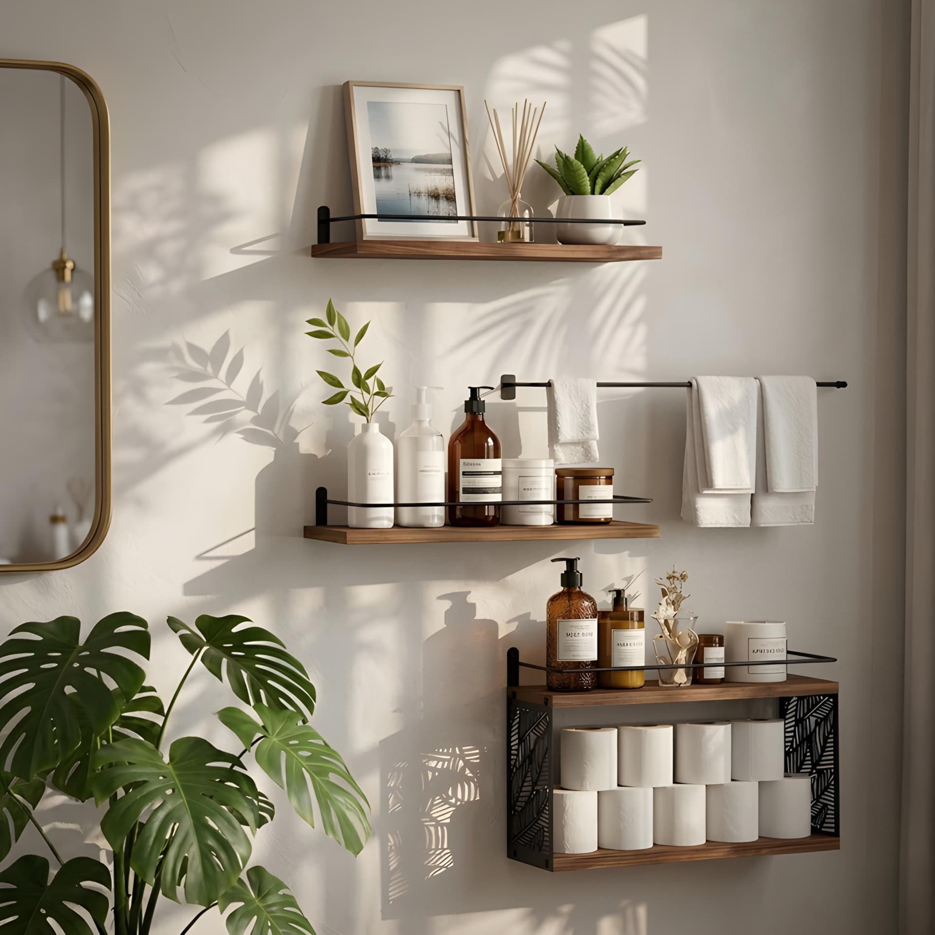 Ensemble Etagere Murales Design Feuille Bois & Métal avec Porte-Serviette