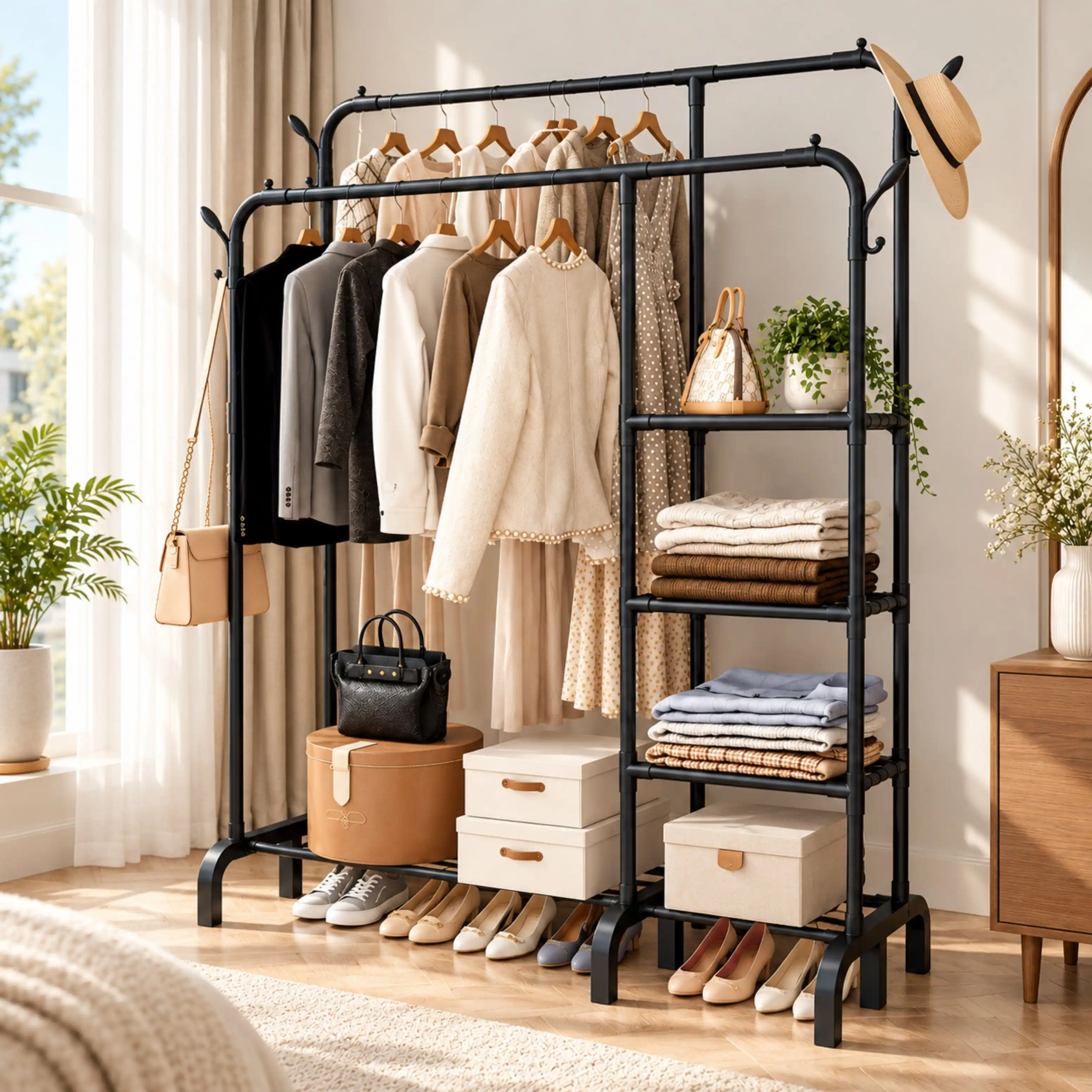Porte Vetements Multifonction Métal Noir 156 cm – TM-806
