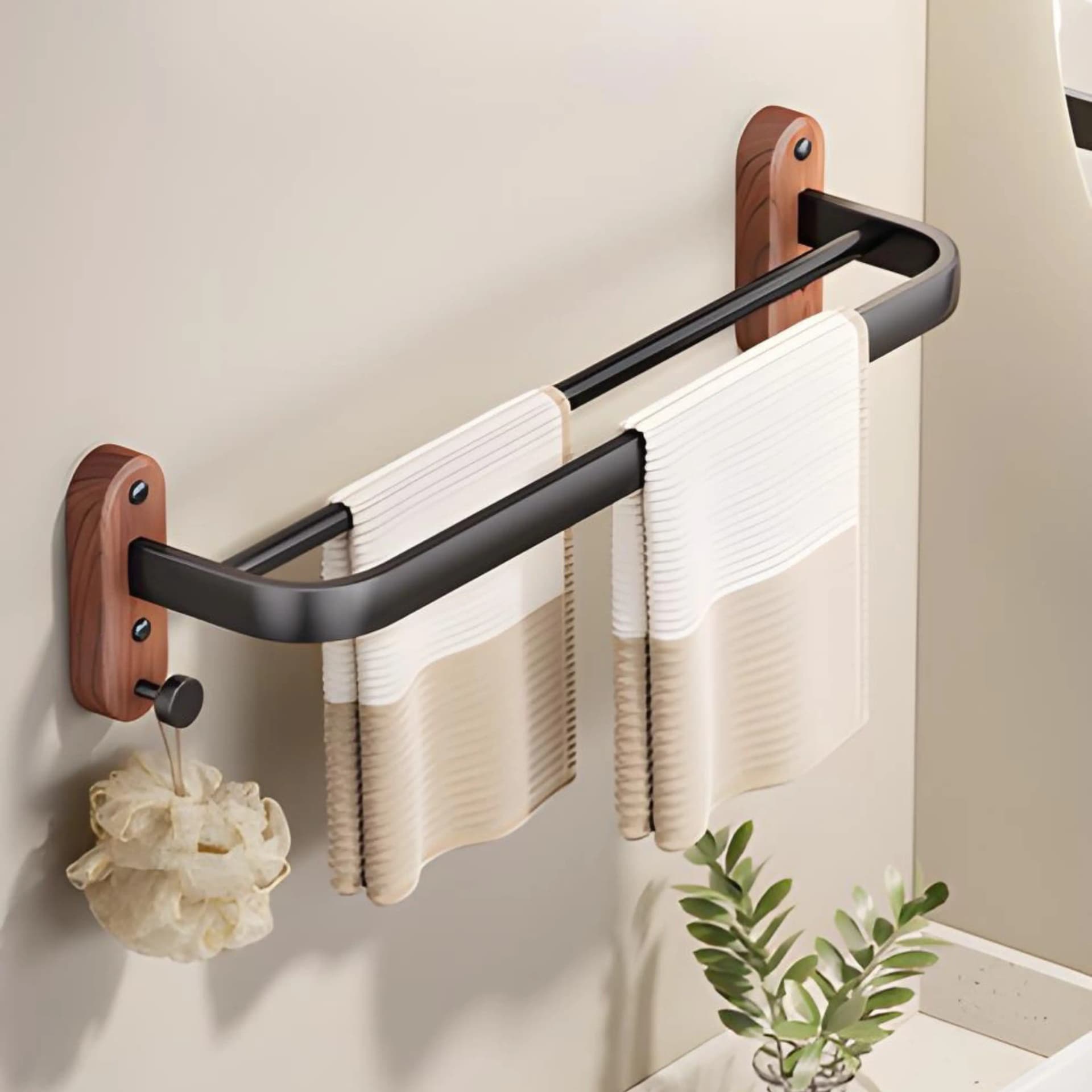 Porte-serviettes mural 50 cm – Aluminium & Bois effet noyer
