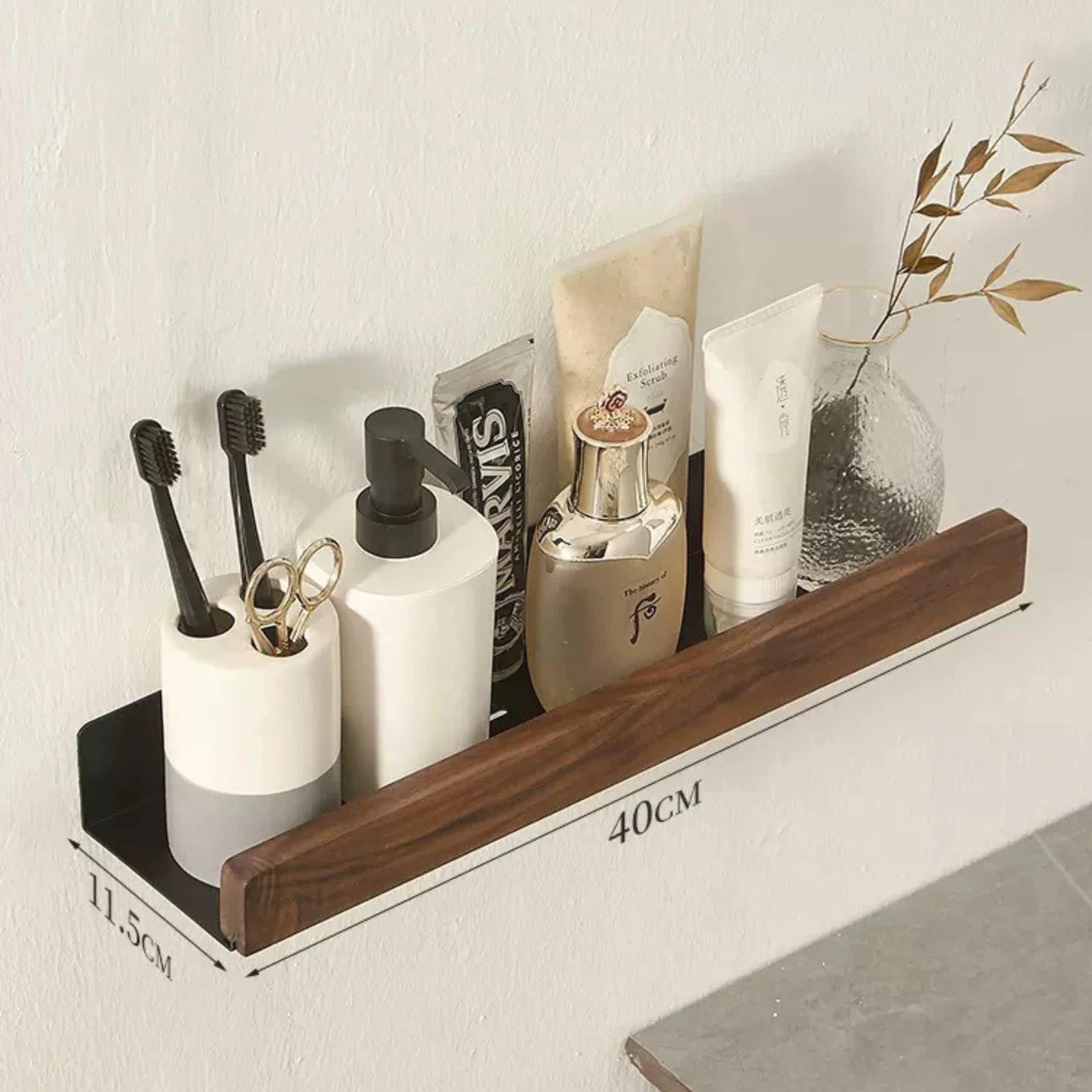 Etagere Murale 40 cm – Aluminium Noir & Bois Effet Noyer