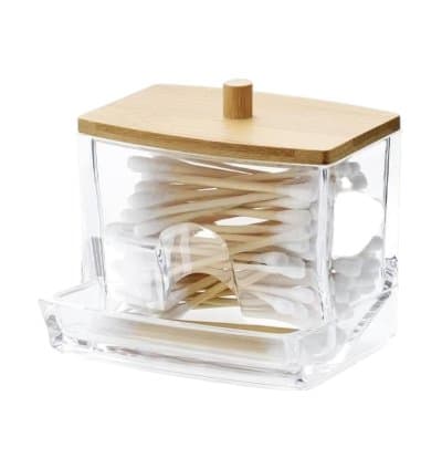 Porte coton disques en plexi avec couvercle en bois