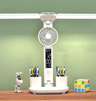 Lampe de bureau LED à double tête avec ventilateur, afficheur date heure et température, porte stylos