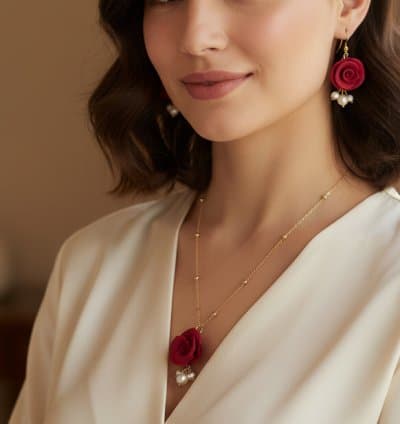 Collier et boucles fleur ambre rouge