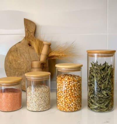 Lot de 4 boites à épice en verre couvercle bois