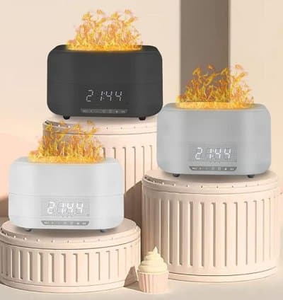 Horloge humidificateur de flamme avec haut-parleur Bluetooth – Diffuseur d'air 3 en 1, réveil et veilleuse pour la maison et le bureau