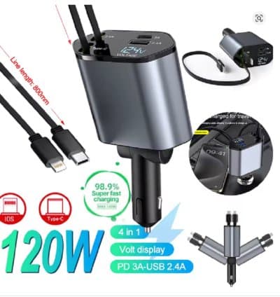 Chargeur Voiture Rétractable 4 en 1 , 120W ,Chargeur Allume Cigare USB C, Charge Rapide 4 Ports, câble de Charge USB de Voiture (C+L) pour iPhone/Samsung Galaxy/Hua Wei/Tablet