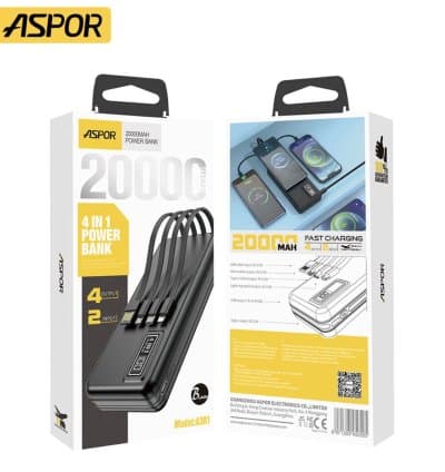 ASPOR Power Bank 20000 mAh 22,5W Charge Rapide Avec Cables Intégrés 4 en 1