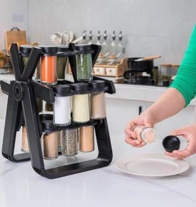 Étagère Porte-Épices Rotative Avec 18 Boîtes En Verre